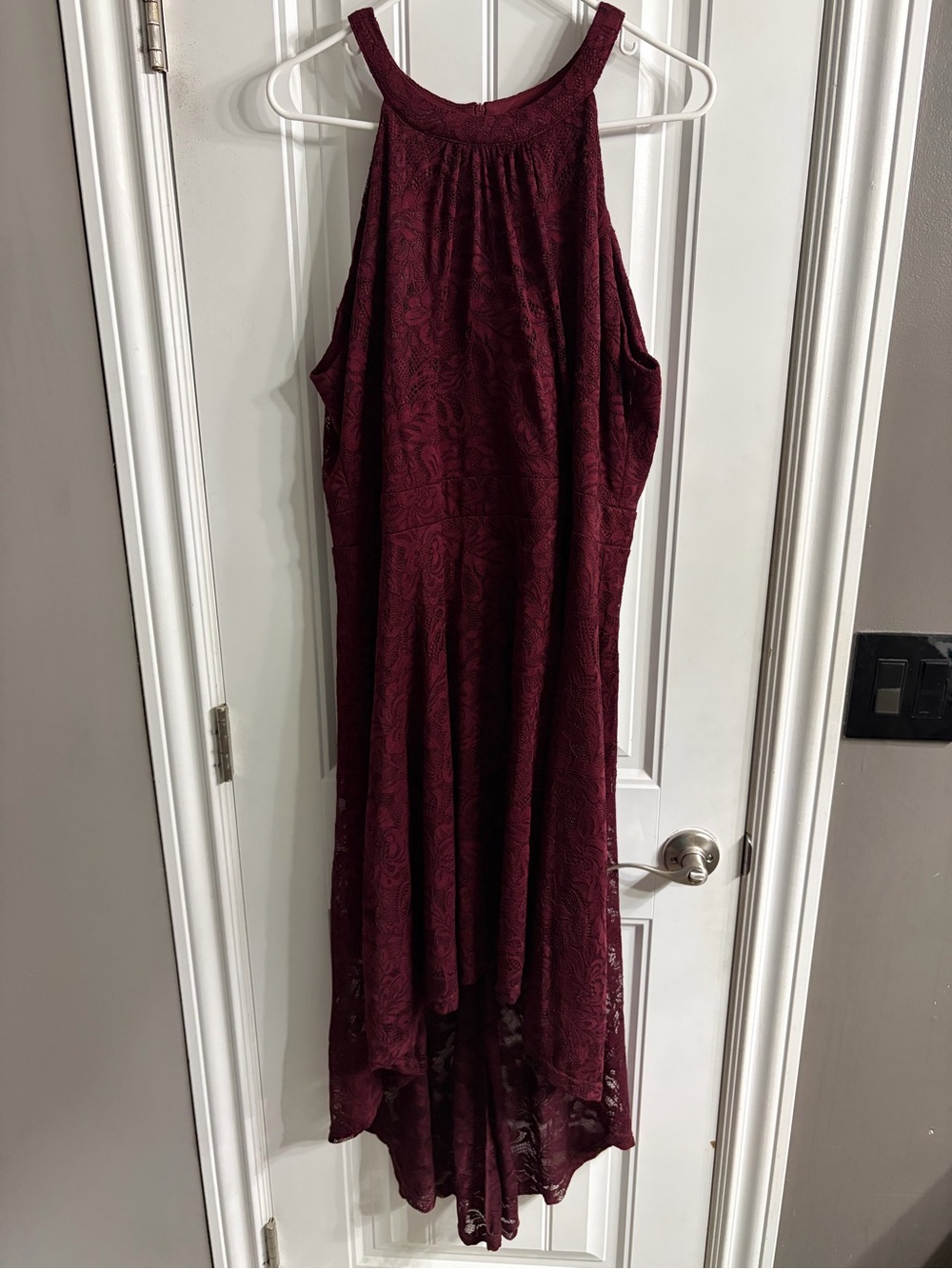 High-Low Lace Halter Dress in Burgundy